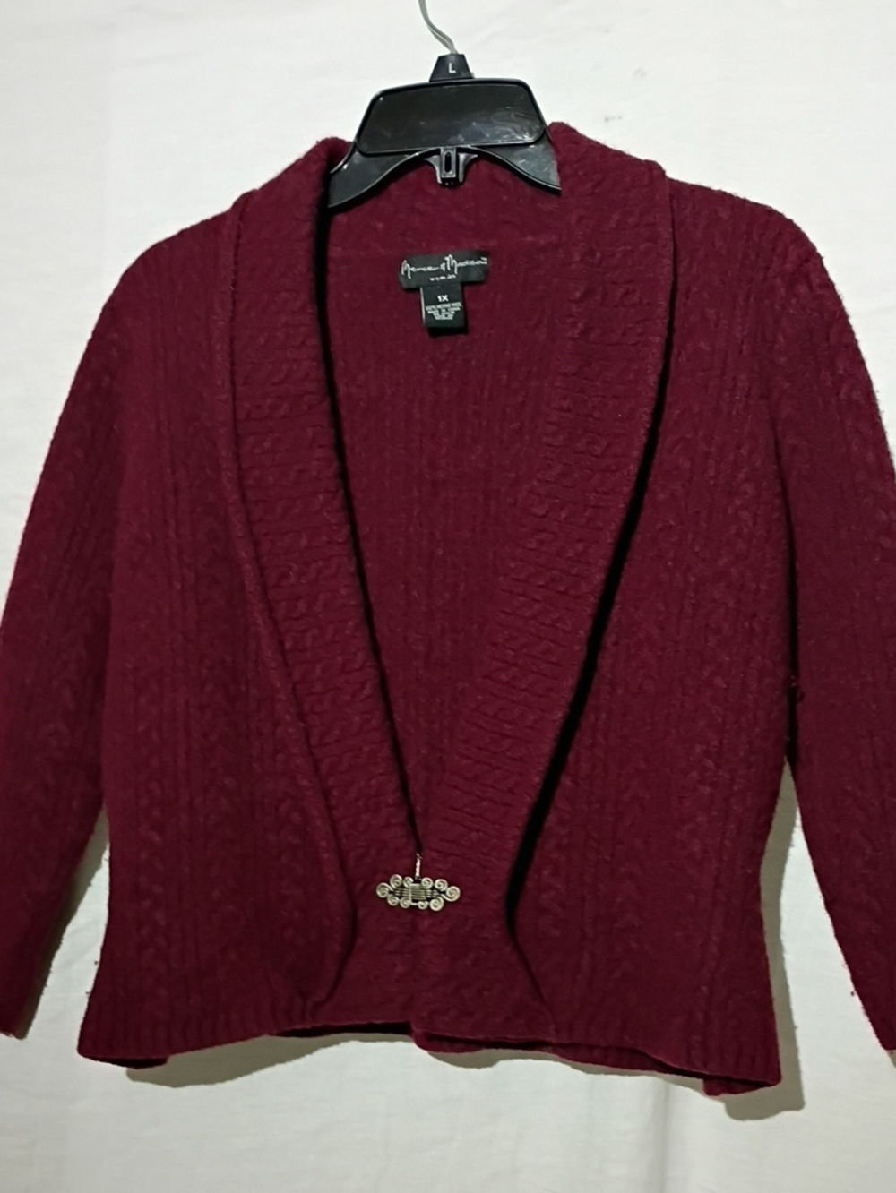 Mercer & Madison Merino Wool Wine Cardigan, Shawl Collar and Decorative Clasp